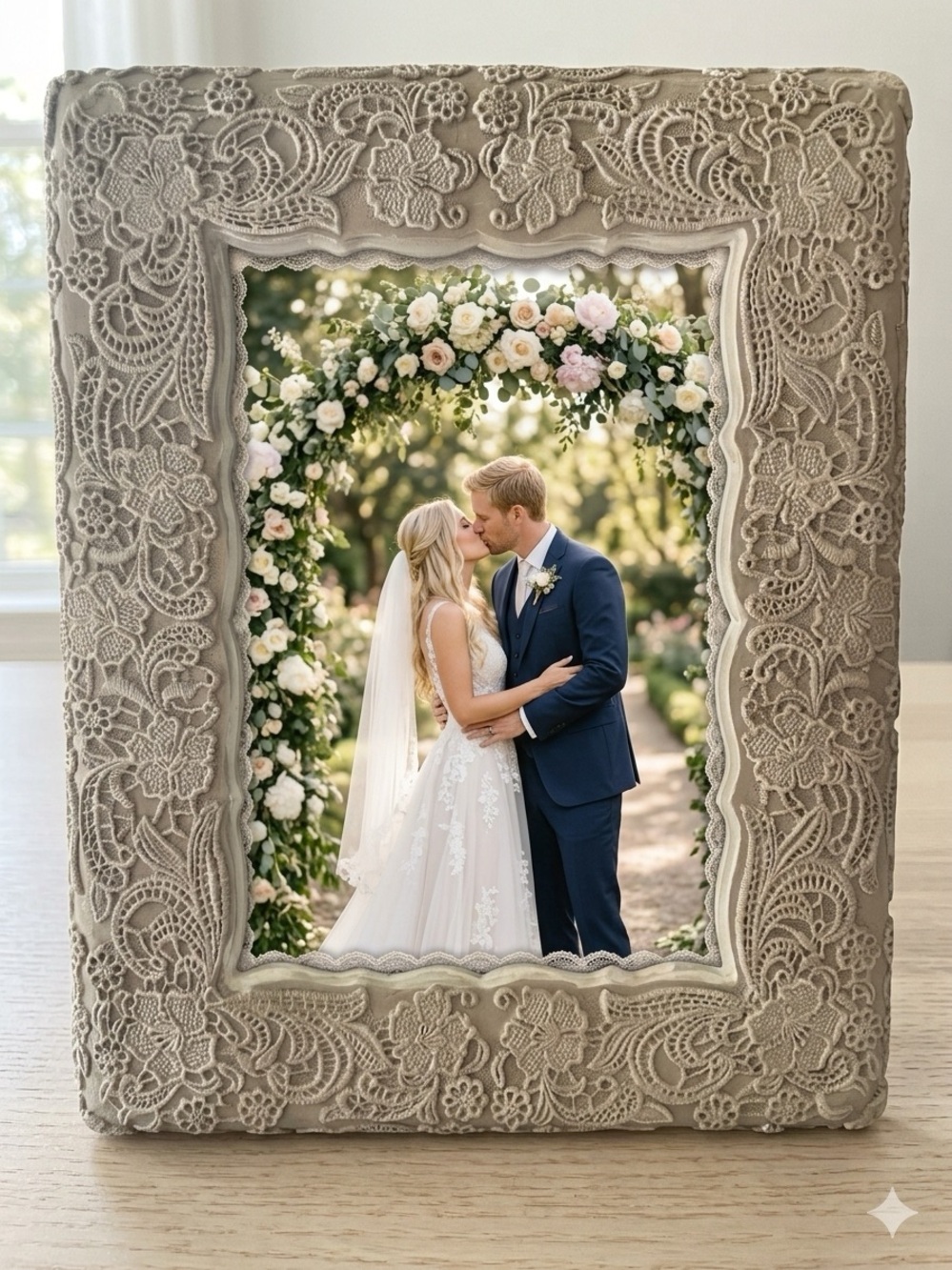 Vintage Textured Resin Beige Lace Tabletop Picture Frame Large 7” x 10”